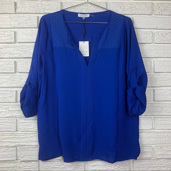 Calvin Klein Tops - Calvin Klein Roll Tab Blouse V-Neckline Blue Size Large